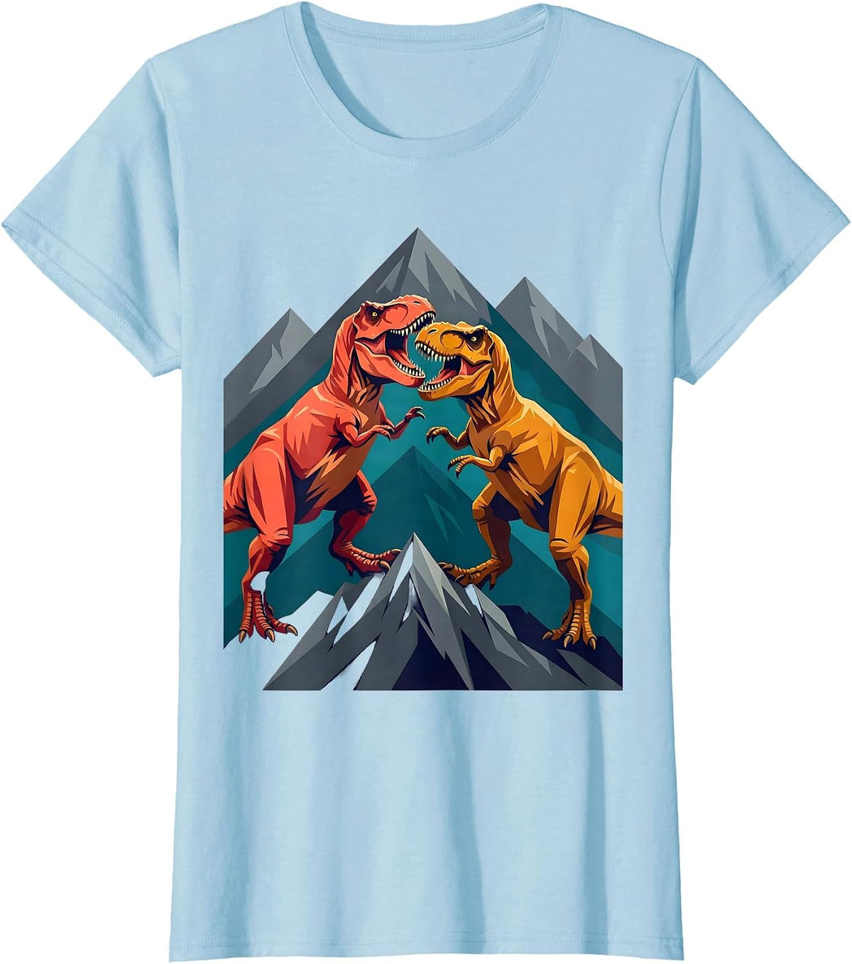 Women's T-Rex Battle on the Mountain Ridge Dinosaur T-Shirt - Baby Blue