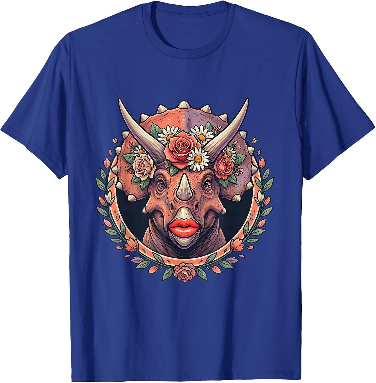 Floral Crown Triceratops Dinosaur Graphic Tee T-Shirt - Royal Blue