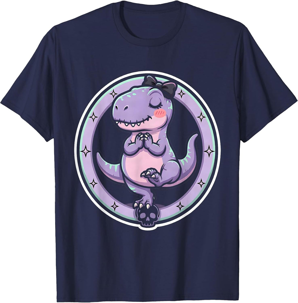 Velociraptor Yoga Tree Pose Dinosaur Illustration T-Shirt - Navy Blue