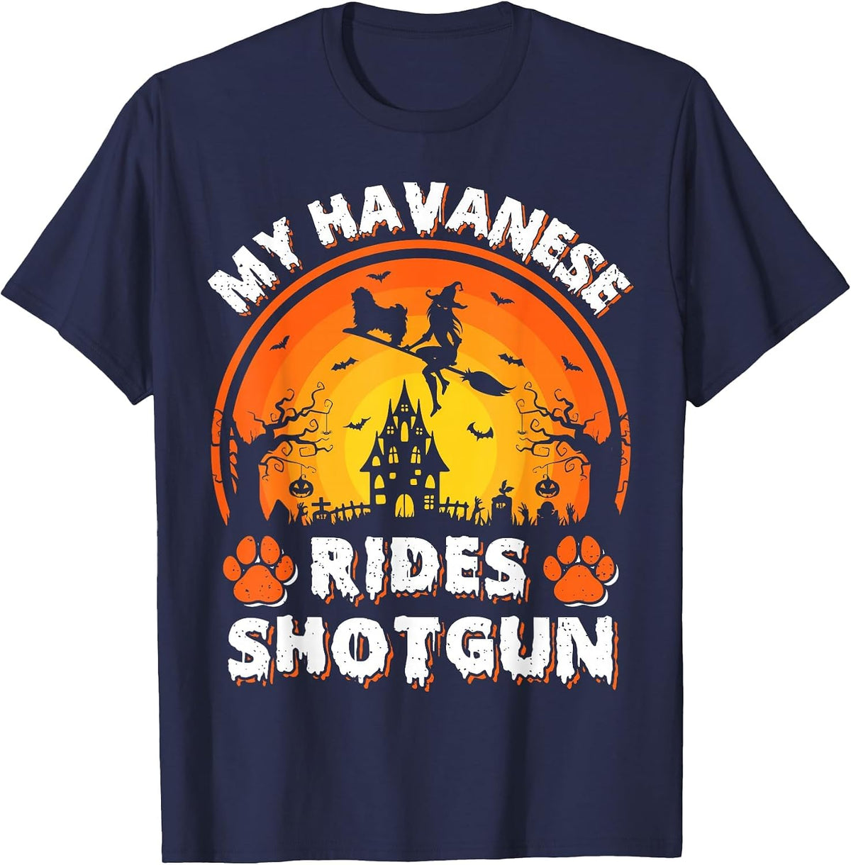 My Havanese Dog Ride Witch Shotgun Halloween T-Shirt - Navy Blue