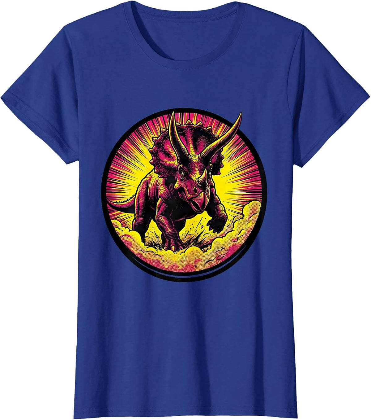 Women's Triceratops Charging Dinosaur Dust Cloud Illustration T-Shirt - Royal Blue