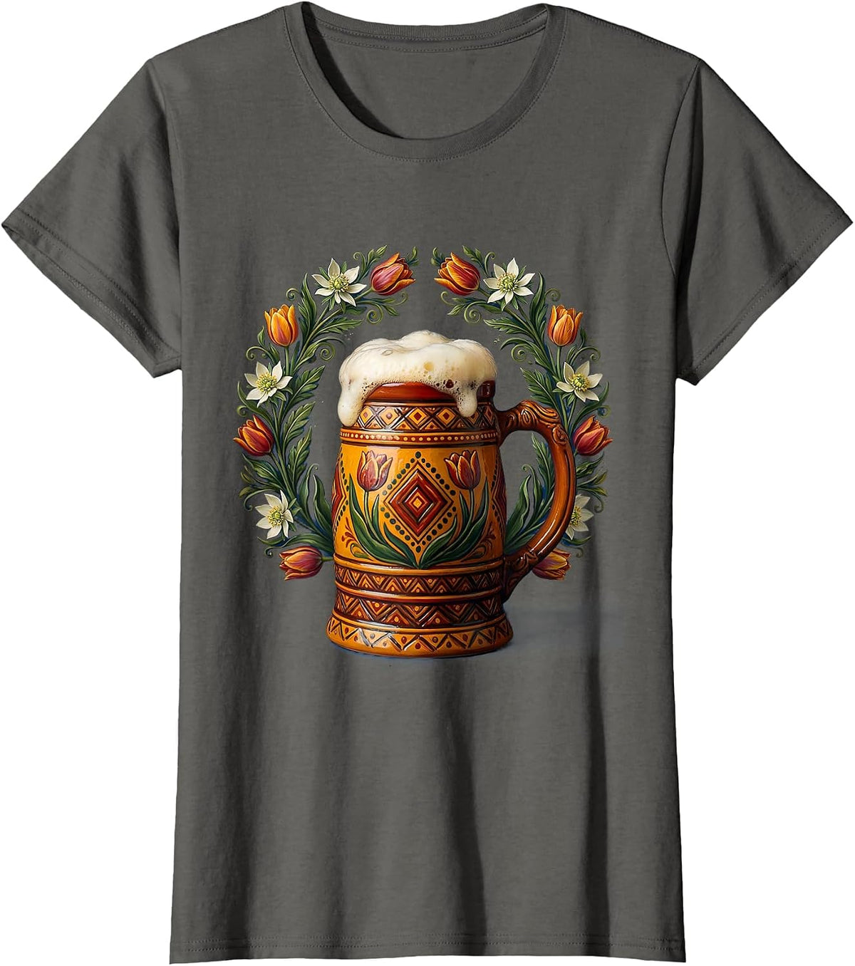 Women's Oktoberfest Beer Mug Floral Wreath Illustration T-Shirt - Asphalt Grey