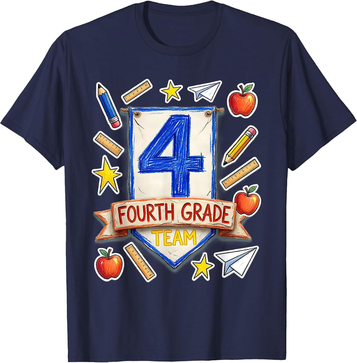 Fourth Grade Team Naive Kidcore Teacher Back to School T-Shirt - Navy Blue