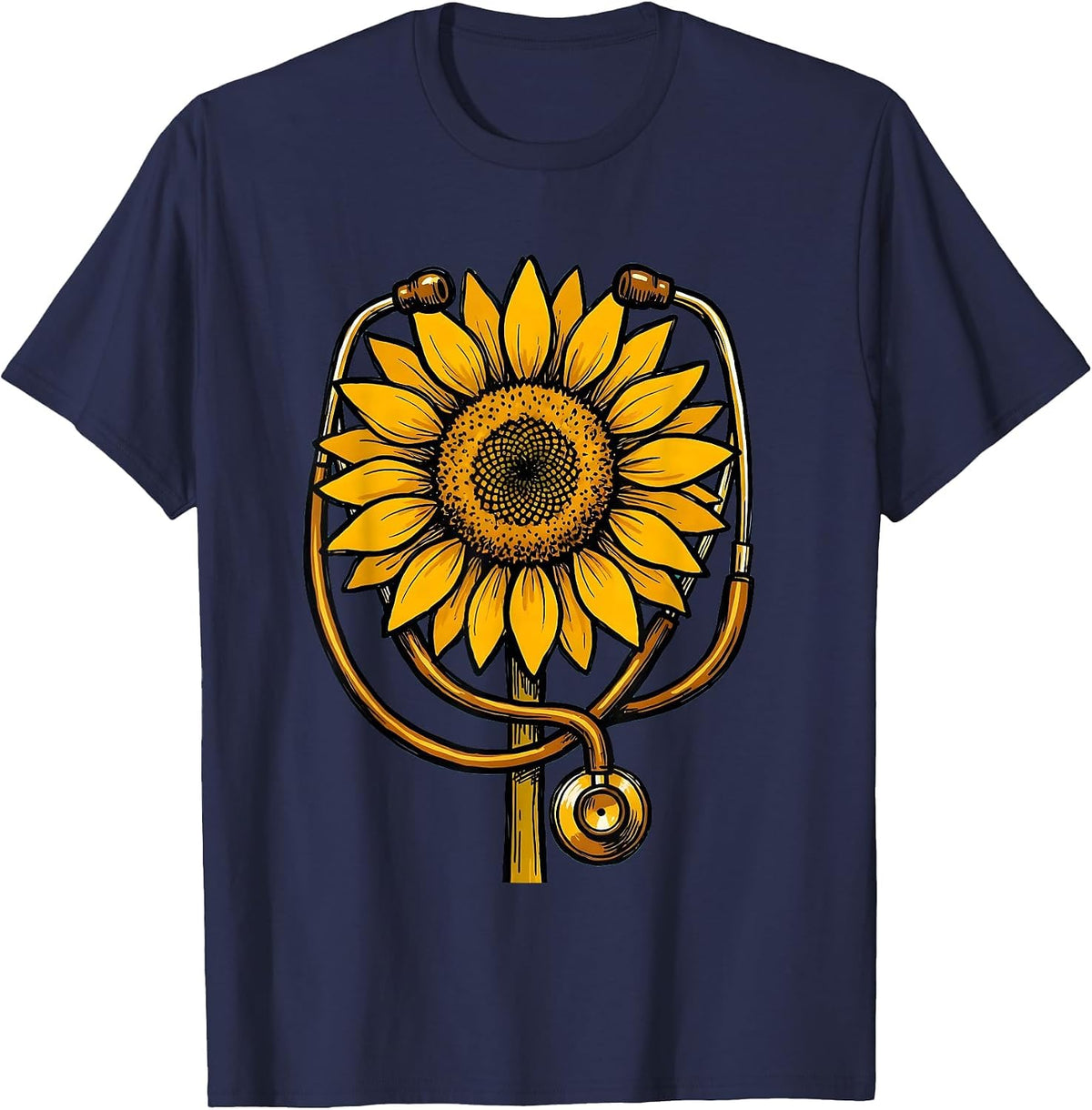 Occupational Therapy Stethoscope Sunflower Design T-Shirt - Navy Blue