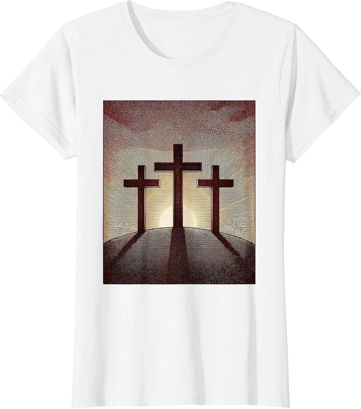 Three Crosses Crimson Sunset Silhouette T-Shirt - White