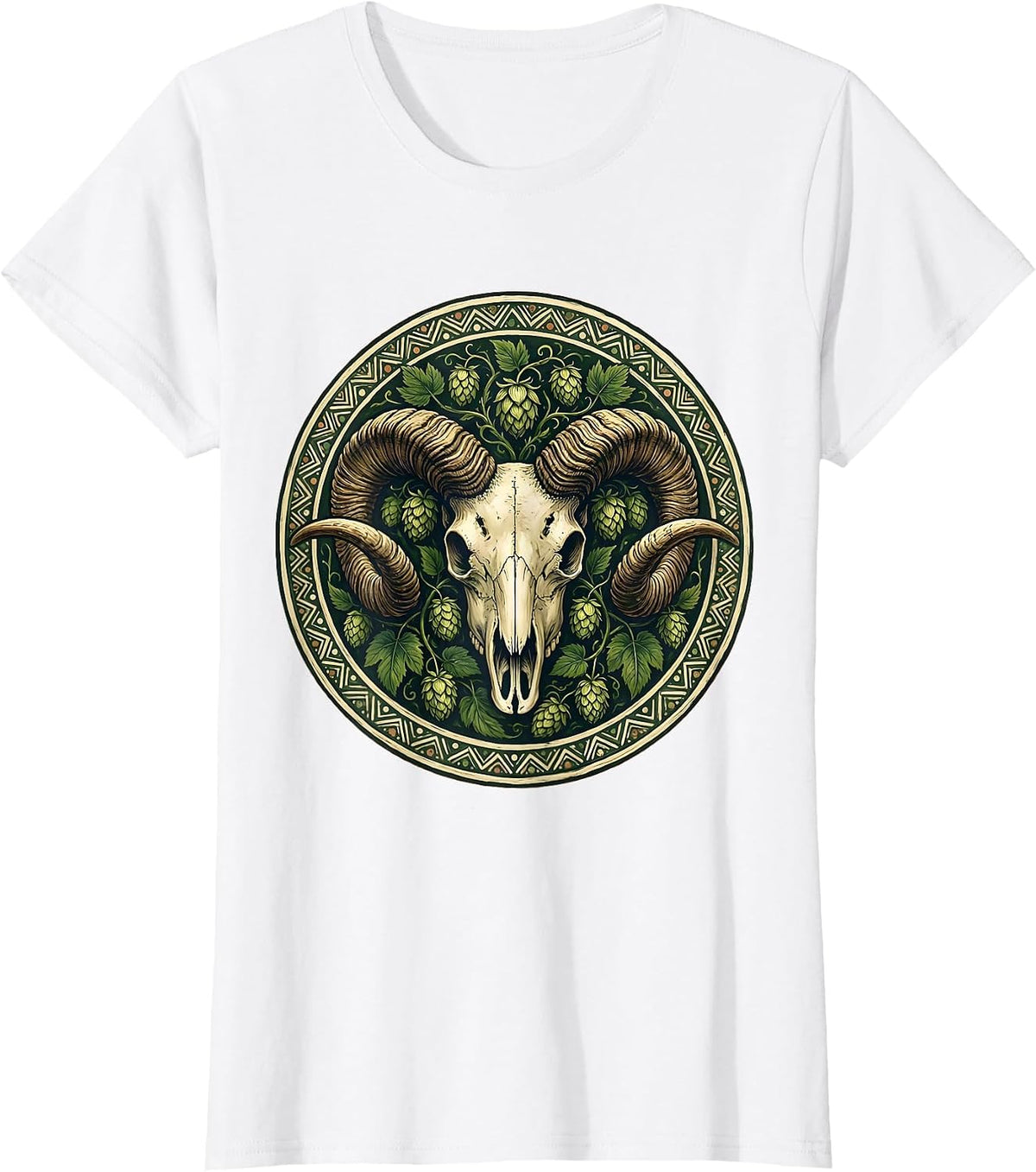 Ram Skull Hop Vines Beer Craft Brew Art T-Shirt - White