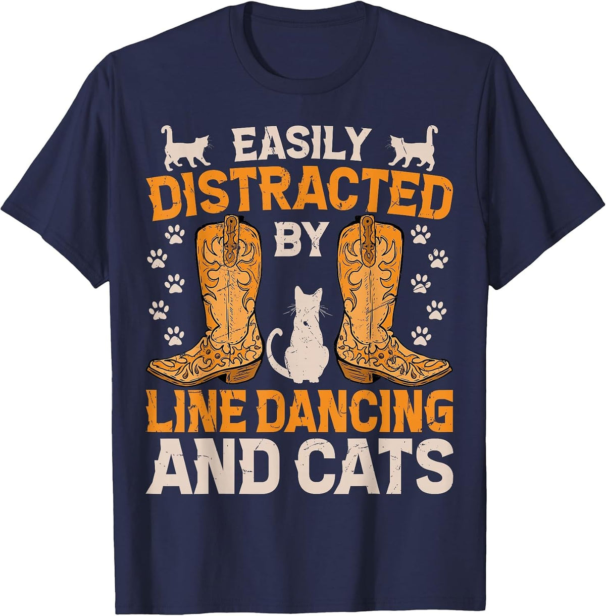 Easily Distracted by Line Dancing and Cats Funny Line Dance T-Shirt - Navy Blue