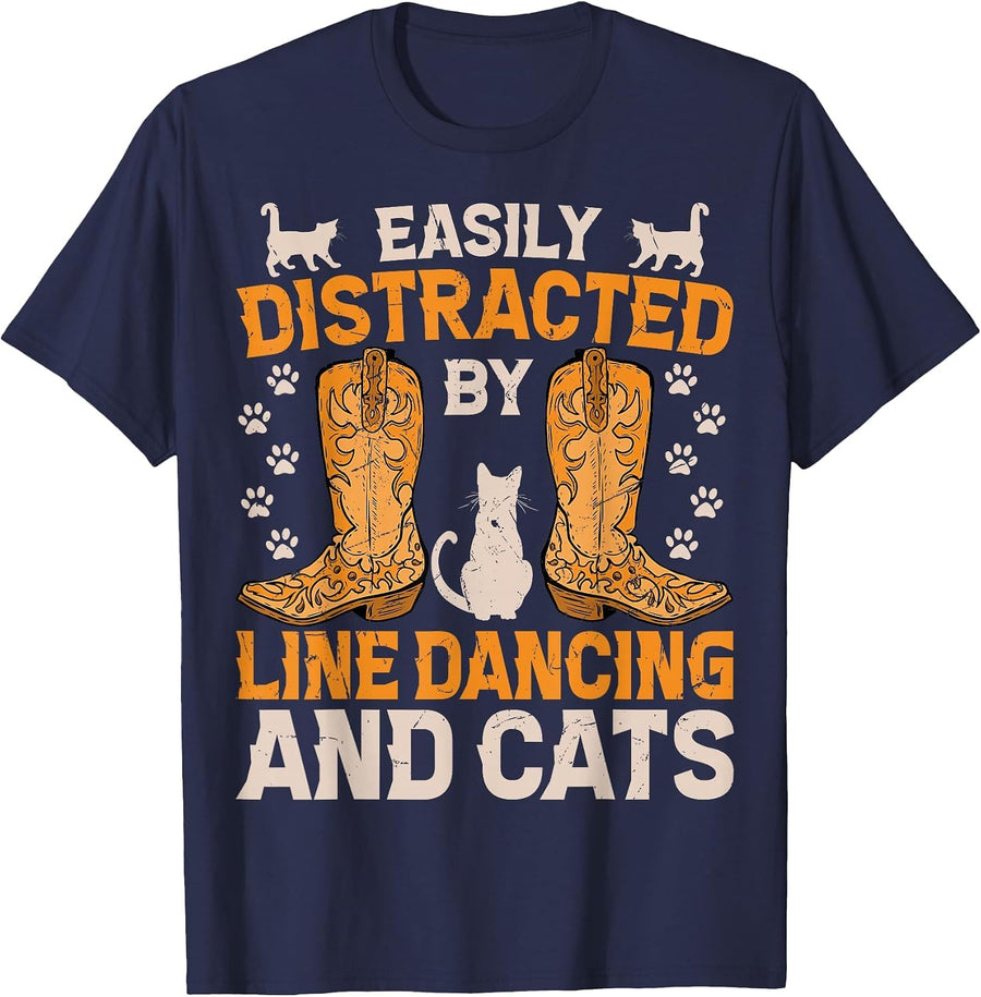 Easily Distracted by Line Dancing and Cats Funny Line Dance T-Shirt - Navy Blue
