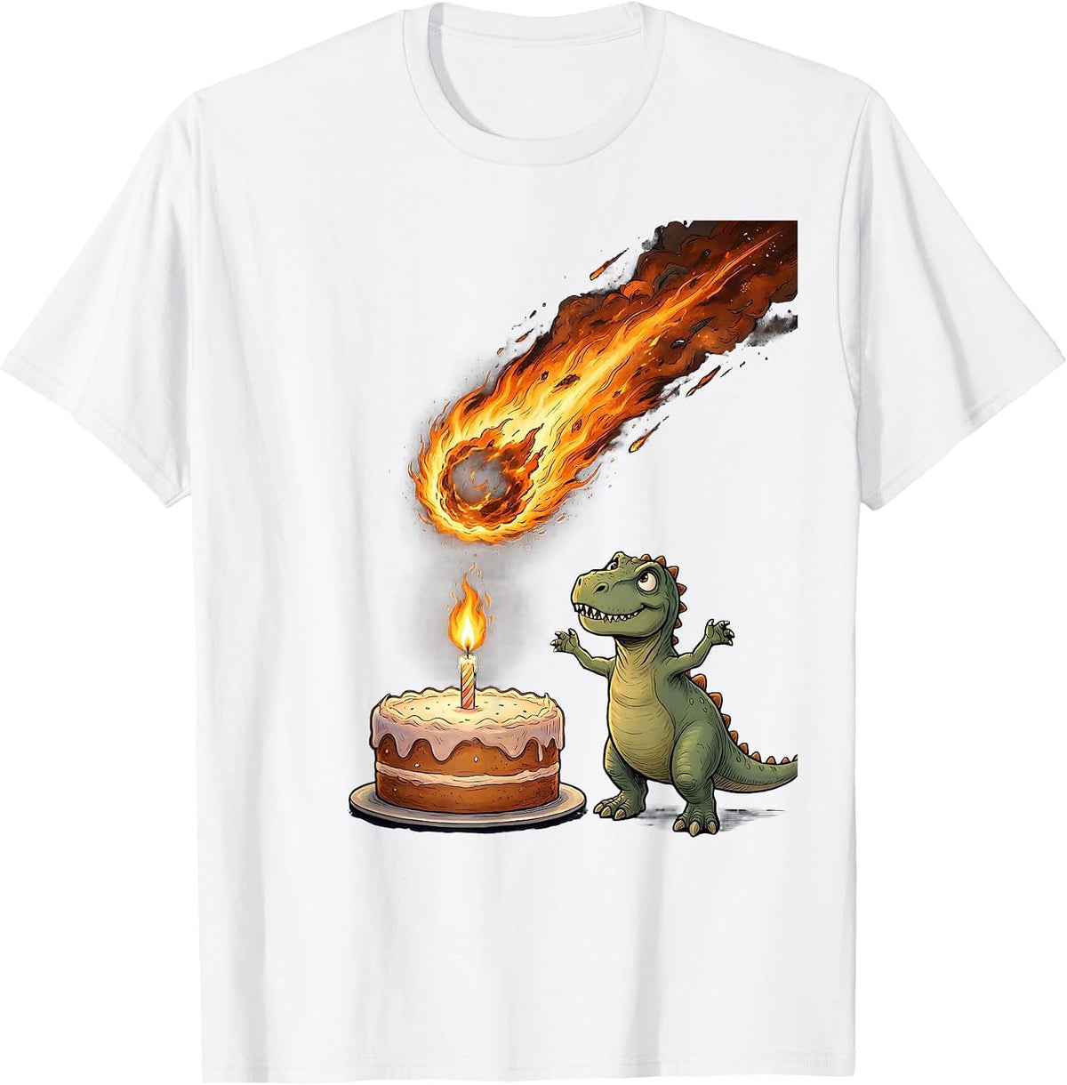 Dinosaur Birthday Meteor Candle Flame Graphic T-Shirt - White