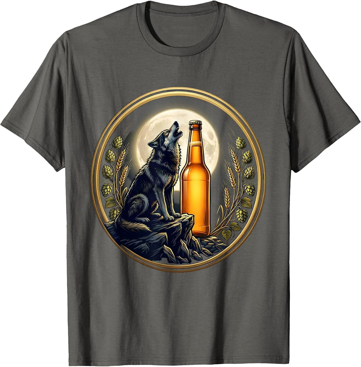 Men's Wolf Howling at Beer Bottle Moon Graphic T-Shirt - Asphalt Grey