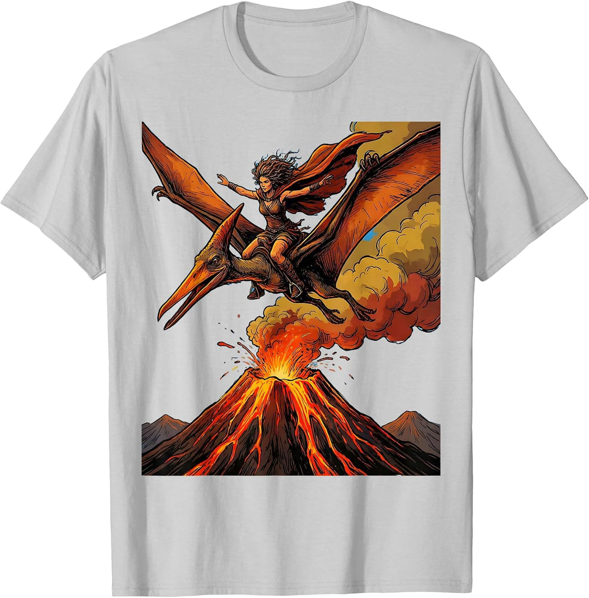 Men's Pterodactyl Soaring Above Volcano Dinosaur Tee T-Shirt - Silver Grey