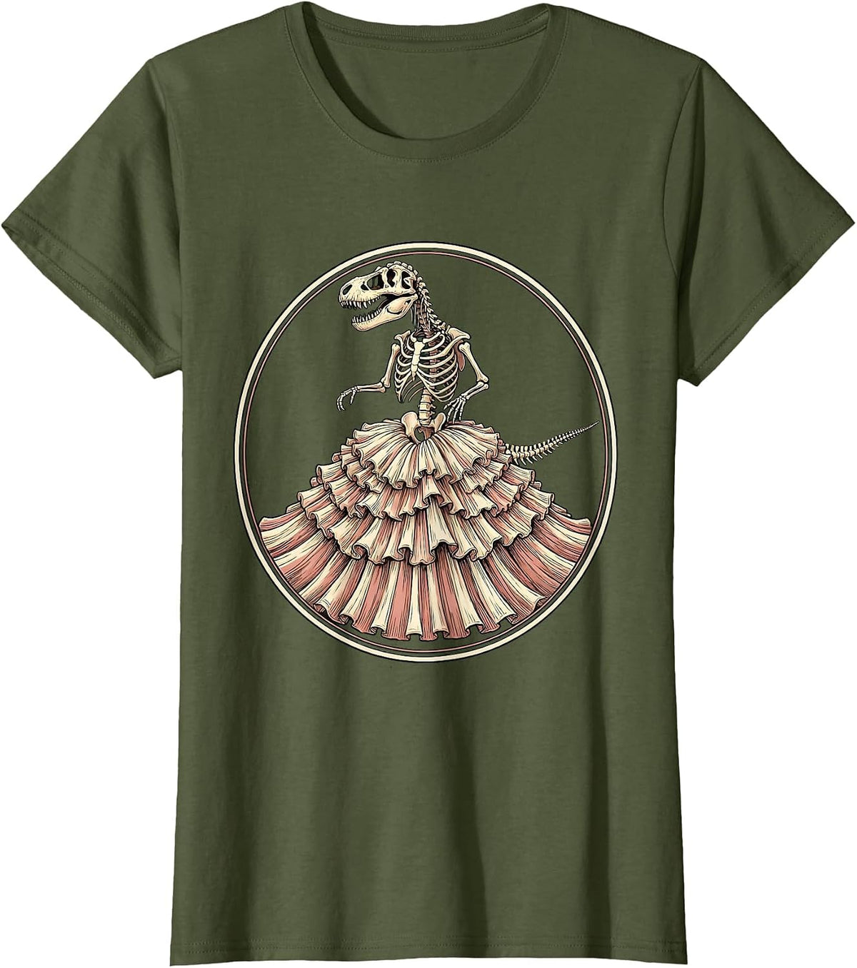 Women's Dinosaur Skeleton Ballgown Elegant Dino Art T-Shirt - Olive Green