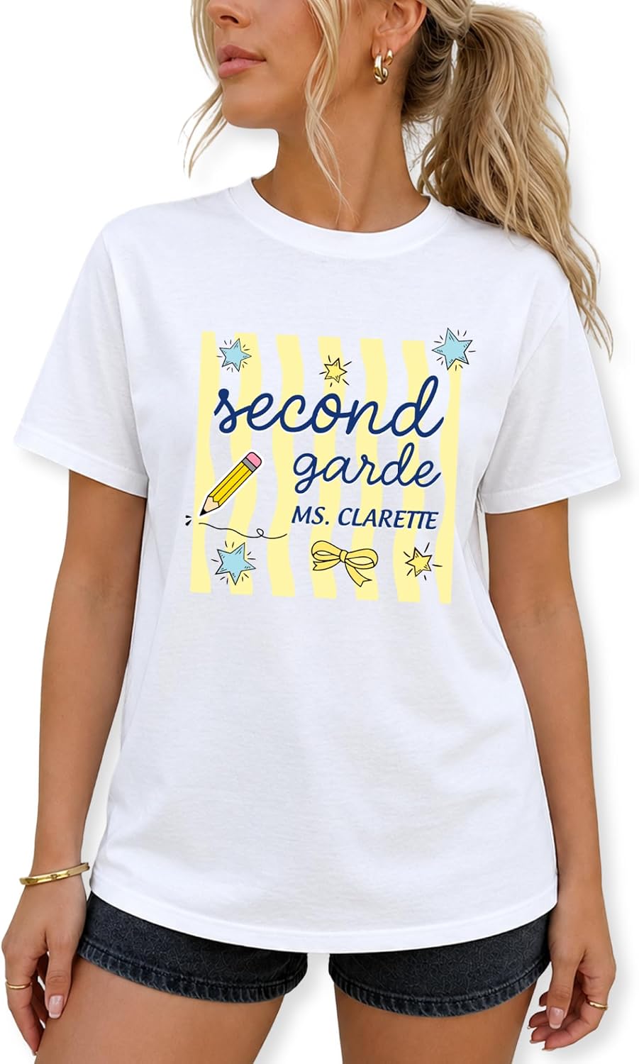 Custom Teacher Graphic T-Shirt Grade Level Name Women Gift - Second Grade