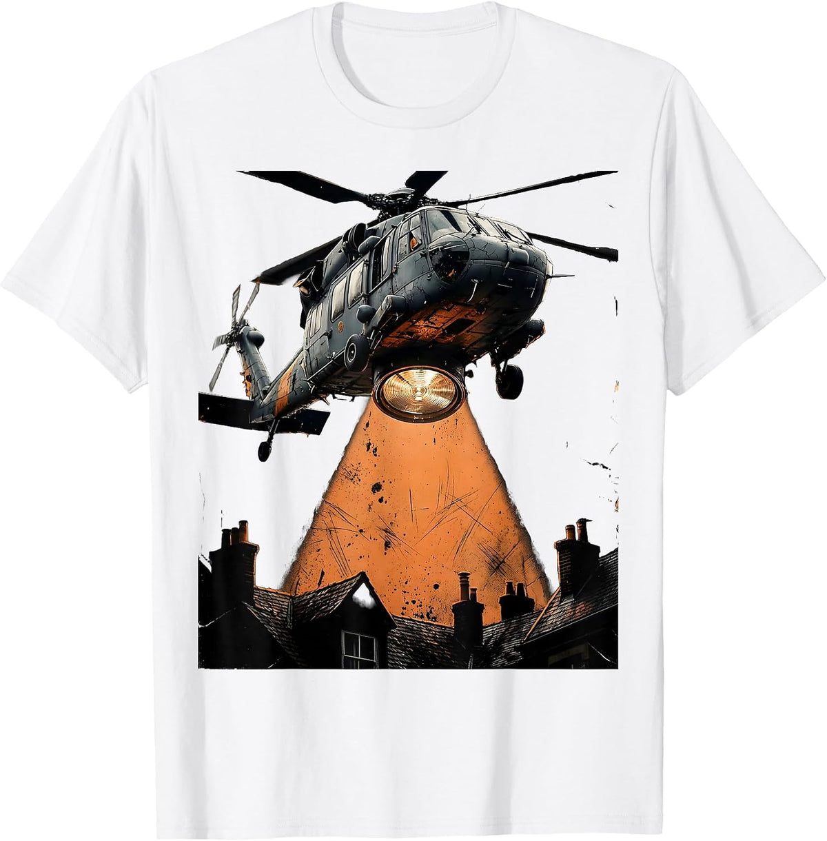 Men's Police Helicopter Searchlight Over Dark Rooftops T-Shirt - White