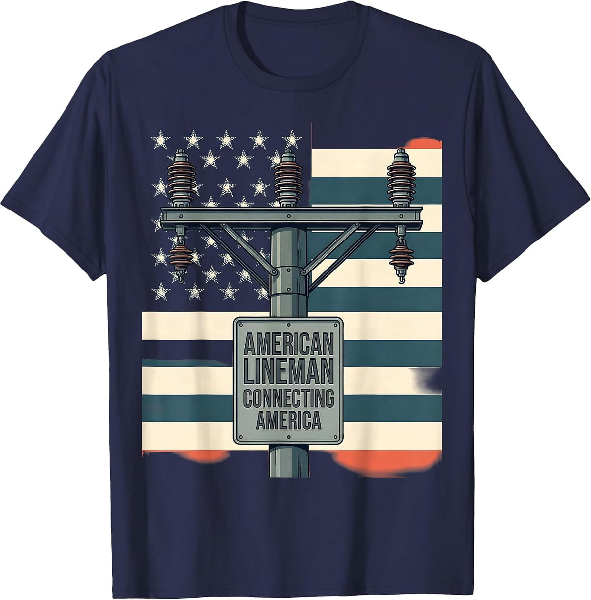 American Lineman Connecting America Flat Vector Patriotic T-Shirt - Navy Blue