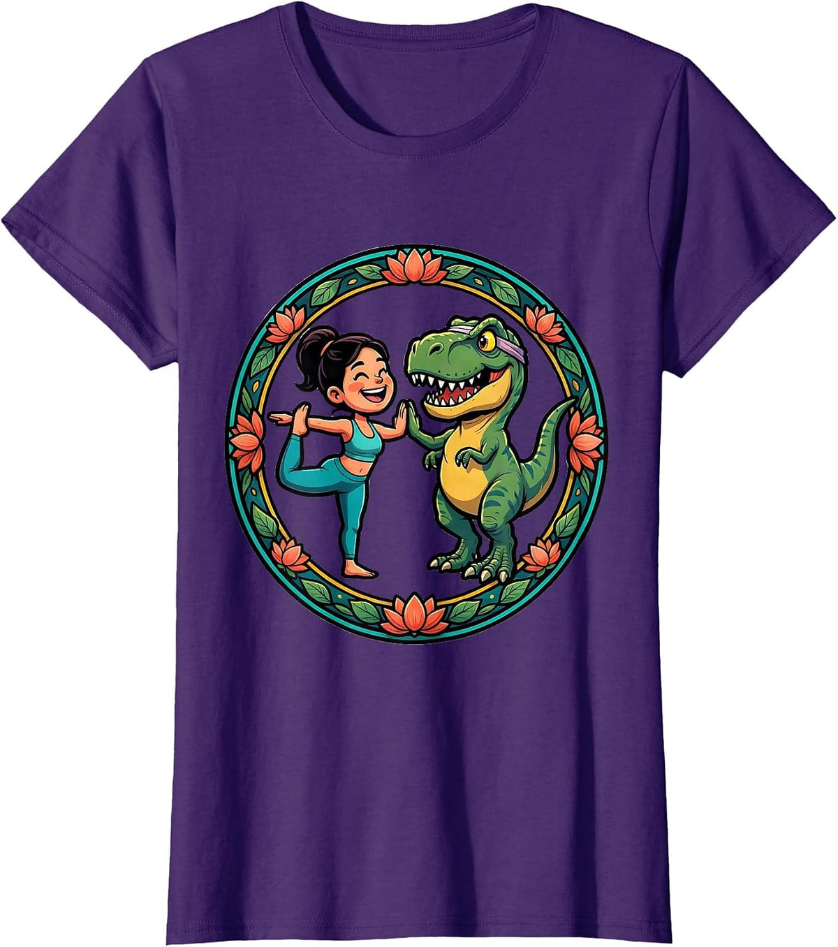 Women's Dinosaur Yoga Partner Funny T-Rex Pose Design T-Shirt - Purple