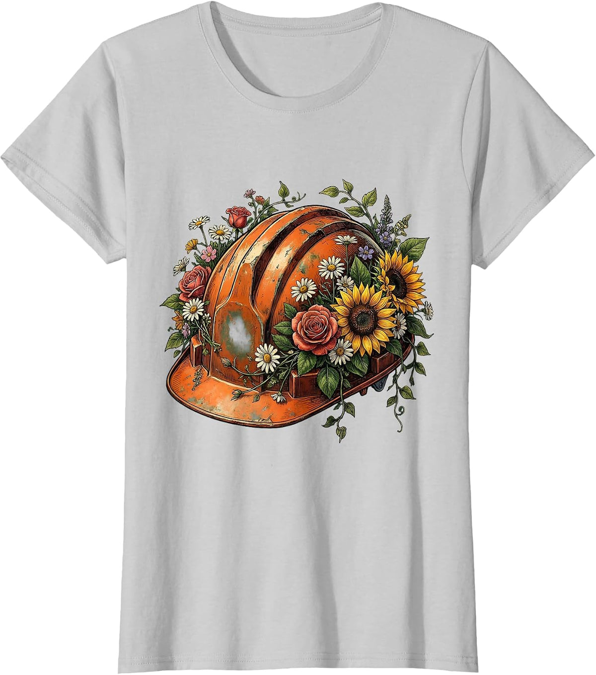 Floral Hard Hat Labor Day Illustration T-Shirt - Silver Grey