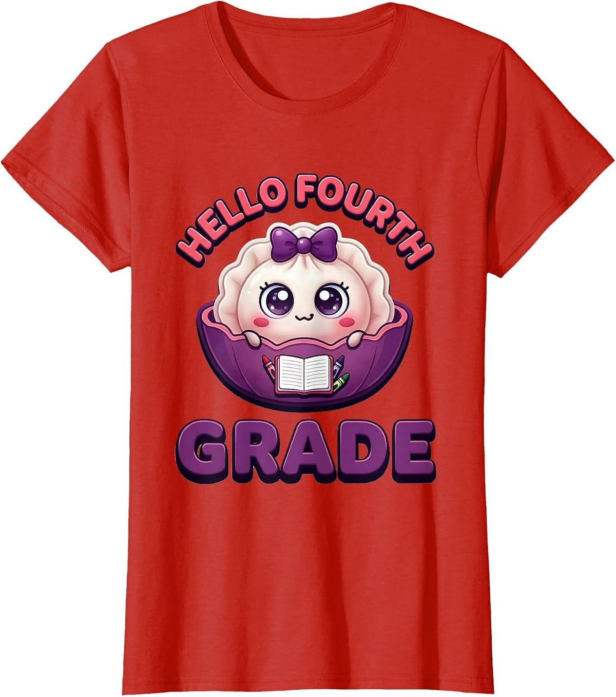 Hello Fourth Grade Cute Dumpling Back to School Girl Teacher T-Shirt, Women, Red, Large - As Pictured