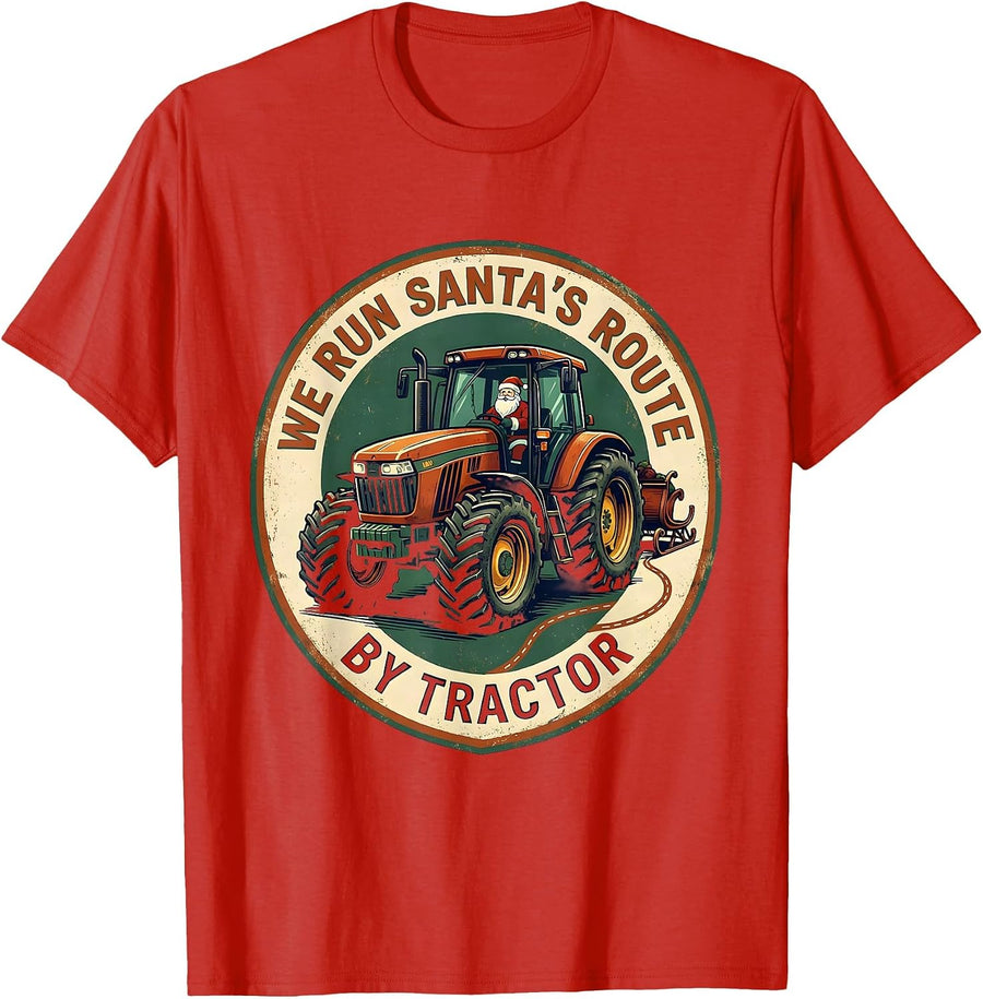 Men's We Run Santa's Route By Tractor Funny Farm Tractor Christmas T-Shirt - Red