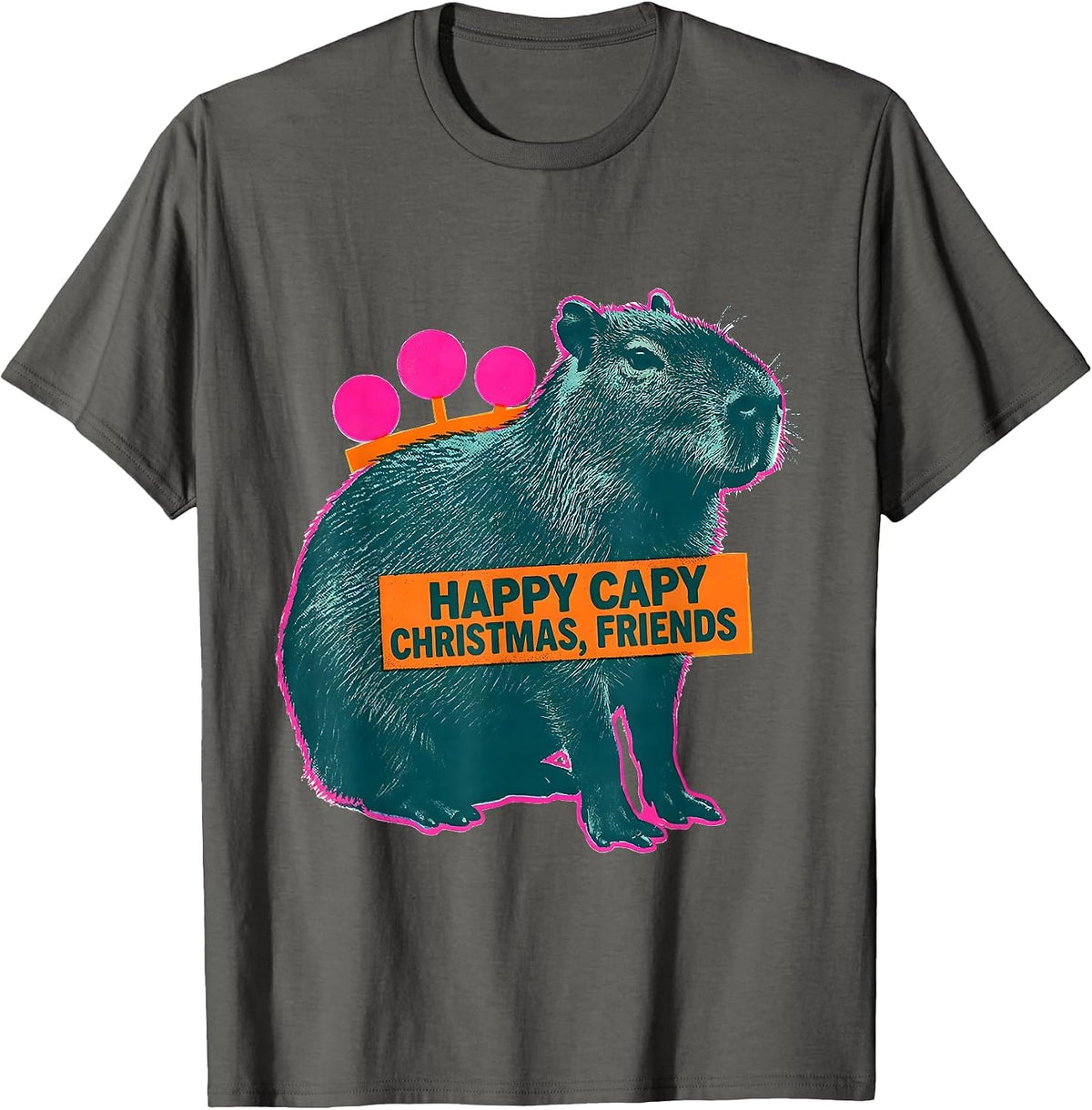 Men's Happy Capy Christmas, Friends Risograph Capybara Lover T-Shirt - Asphalt Grey