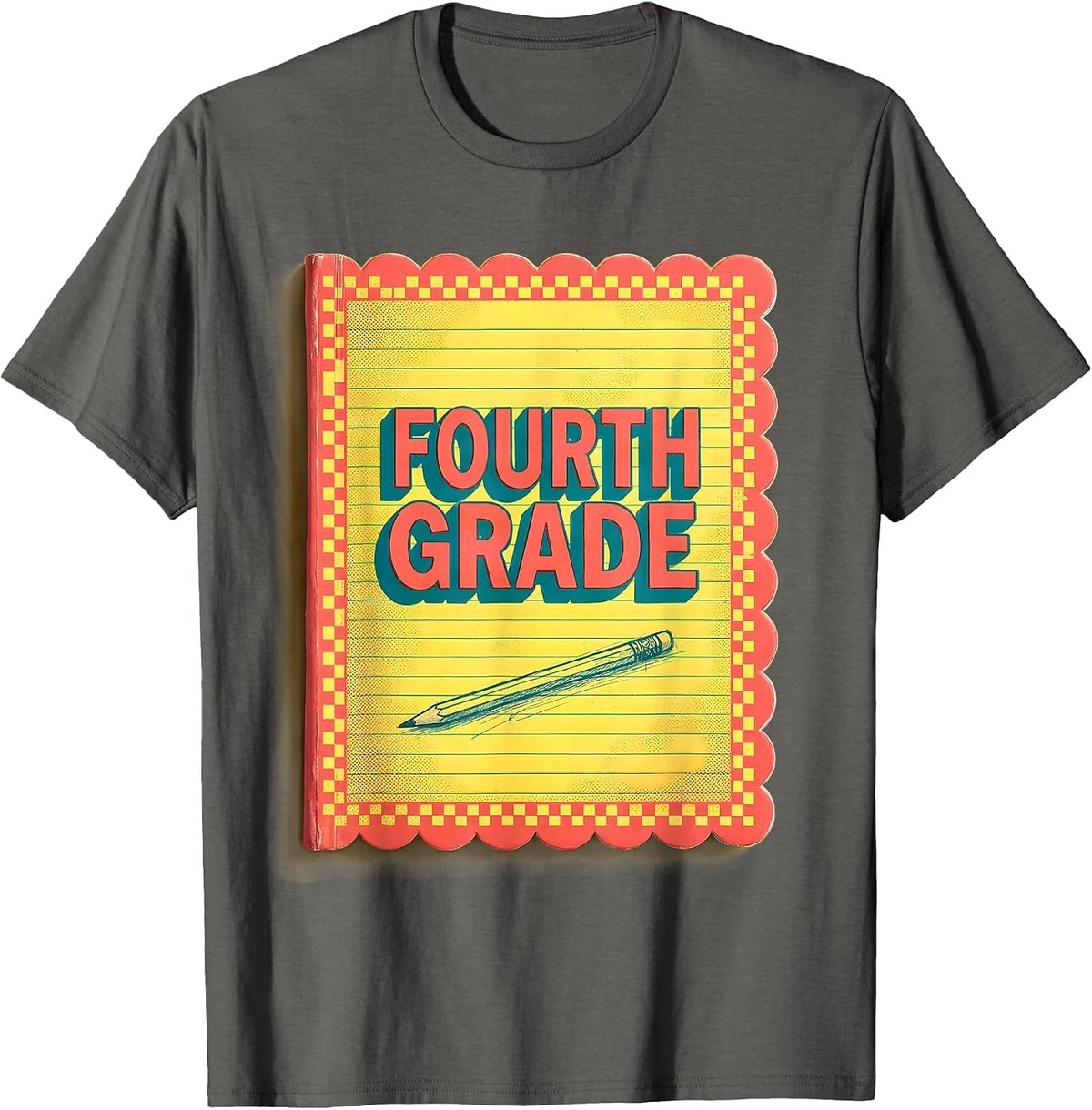 Fourth Grade Retro Checkered Back To School Teacher Girl T-Shirt - Asphalt Grey
