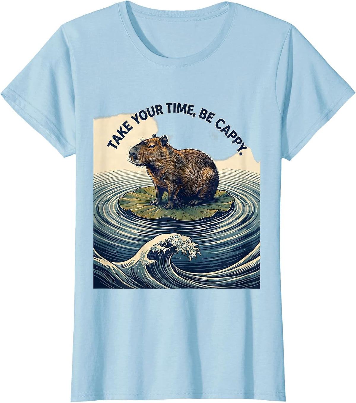 Take Your Time, Be Cappy Funny Capybara Animal Humor Ukiyo-e T-Shirt - Baby Blue