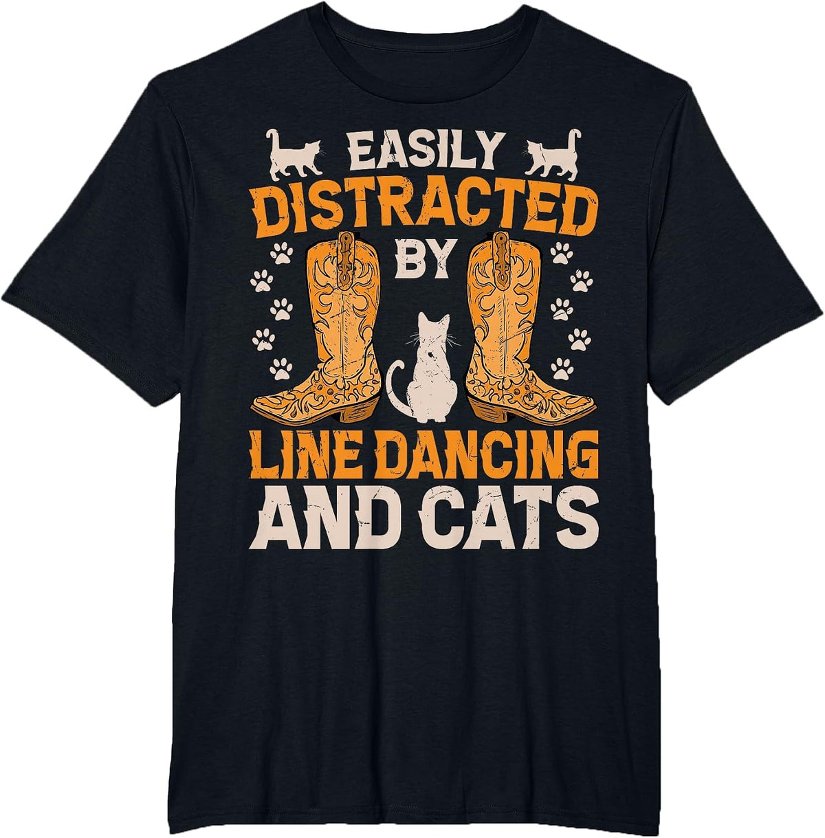 Easily Distracted by Line Dancing and Cats Funny Line Dance T-Shirt - Black