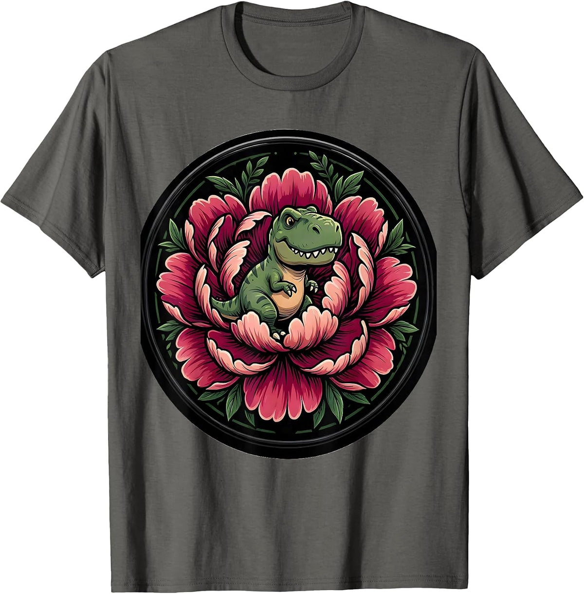 Men's Dinosaur Silhouette Blooming Peony Floral Design T-Shirt - Asphalt Grey