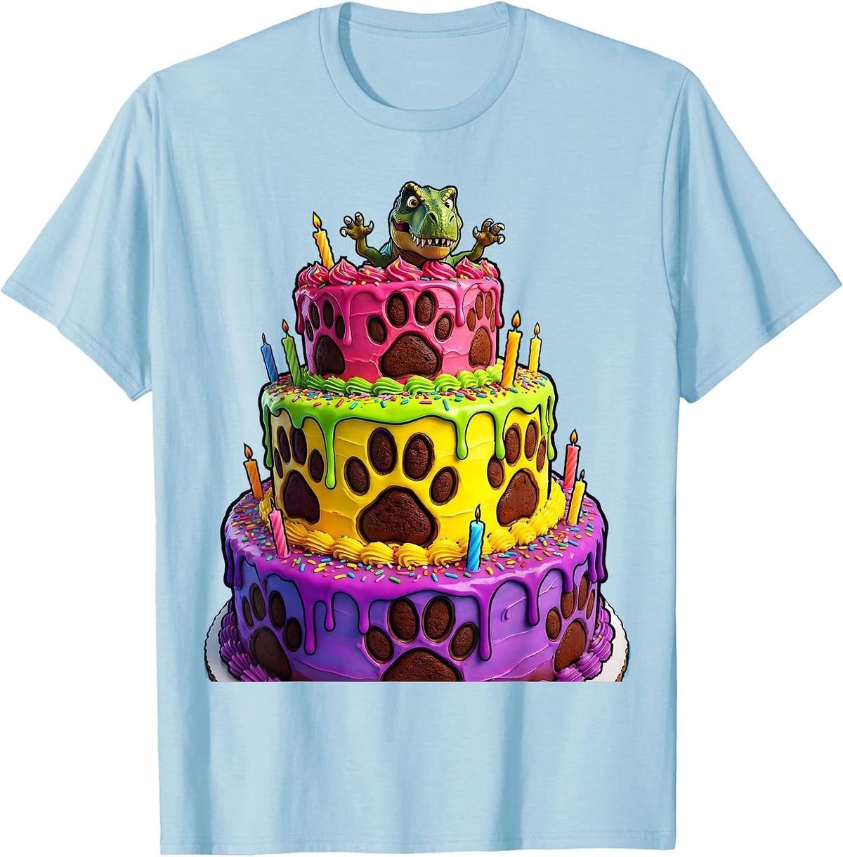 Dinosaur Birthday Cake Stack Illustration T-Shirt - Baby Blue