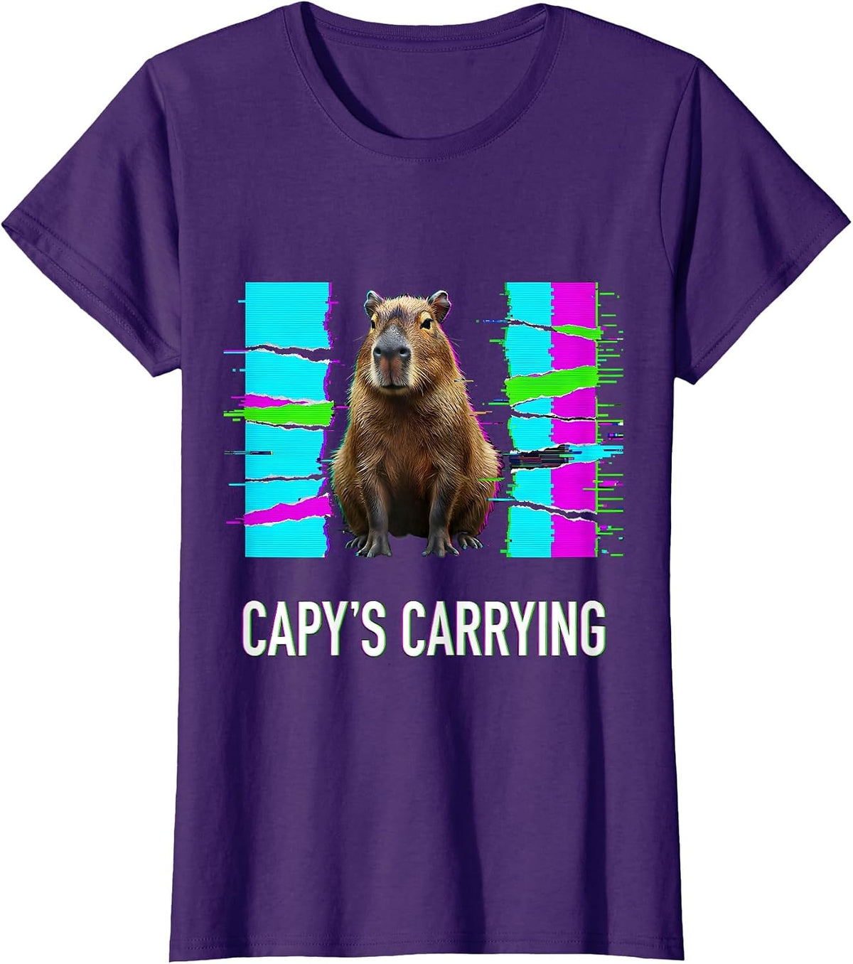 Women's capy's carrying Glitch Datamosh Funny Capybara Meme Animal T-Shirt - Purple