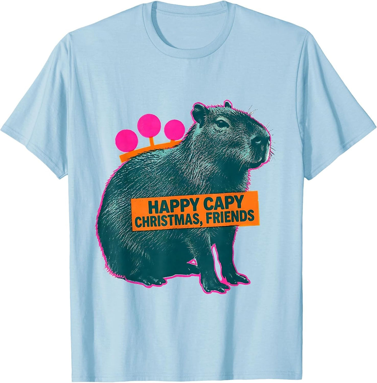 Men's Happy Capy Christmas, Friends Risograph Capybara Lover T-Shirt - Baby Blue