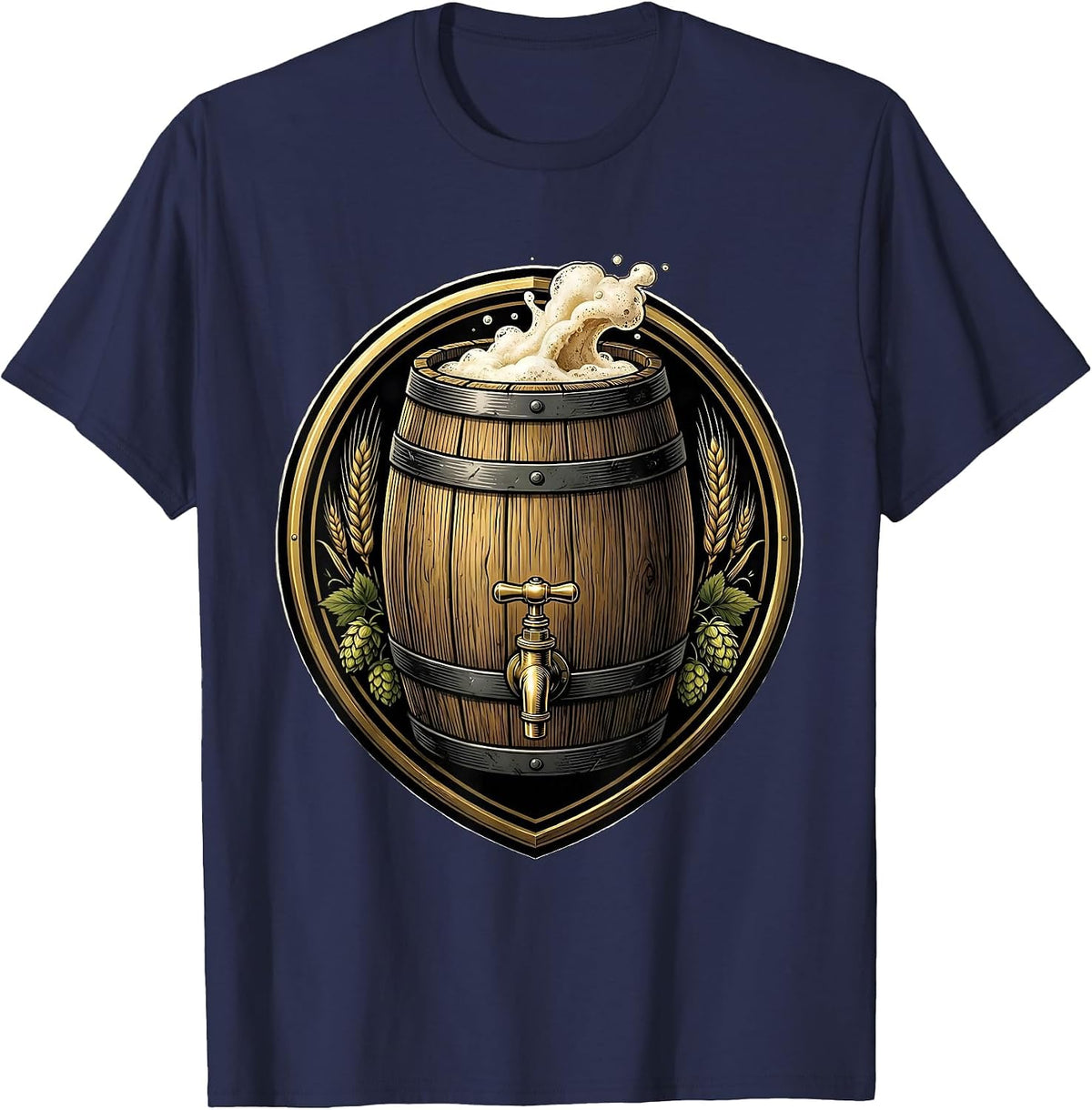 Men's Rustic Beer Barrel with Tap and Foam Graphic T-Shirt - Navy Blue