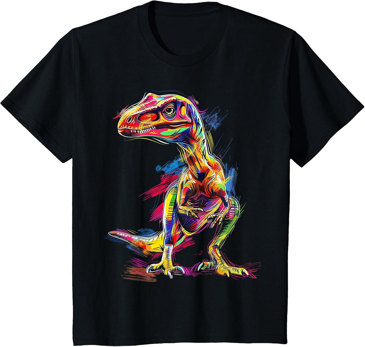 Velociraptor Dinosaur Motif Colorful Velociraptor T-Shirt - Black