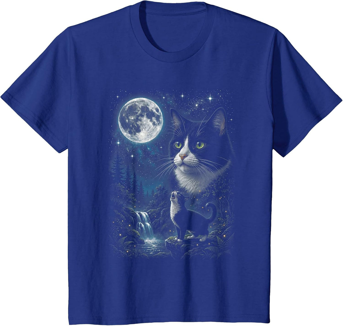 Tuxedo Howling at Moon 90's Retro Nature Forest Cat Lovers T-Shirt - Royal Blue