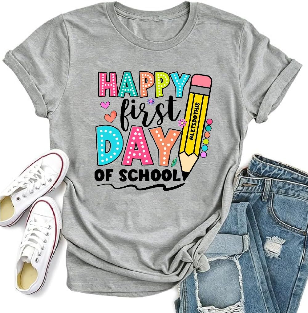First Day of School Shirt Teacher Life Shirt Back to School Graphic Tshirt Casual Tee Tops - Grey