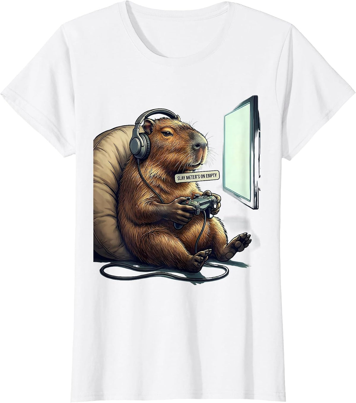 Women's Slay Meter's On Empty Funny Capybara Gamer Meme Humor T-Shirt - White