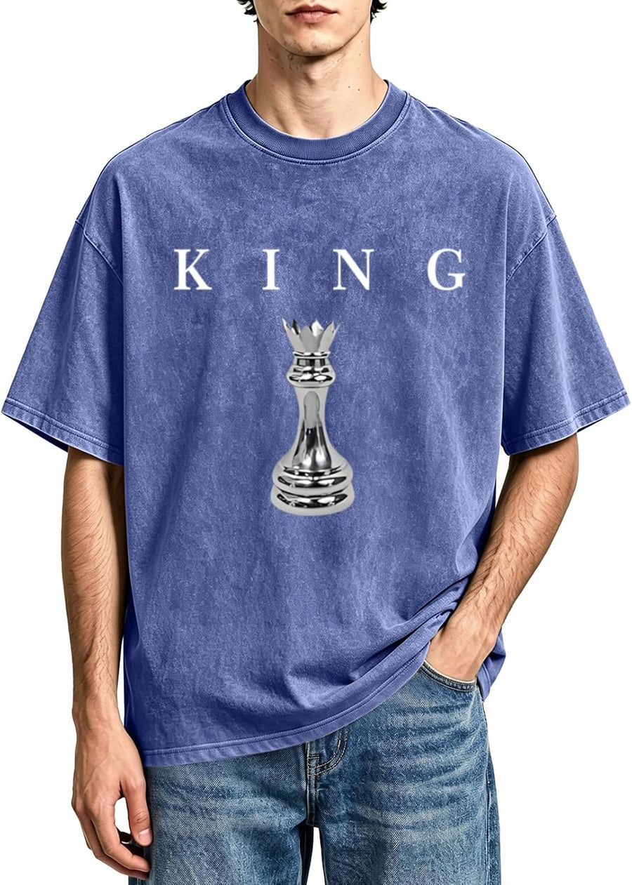 Mens Graphic Tee Shirts King Chess Shirt for Men Vintage Designer Shirts Acid Wash Tshirt Oversized Streetwear Tops - Blue