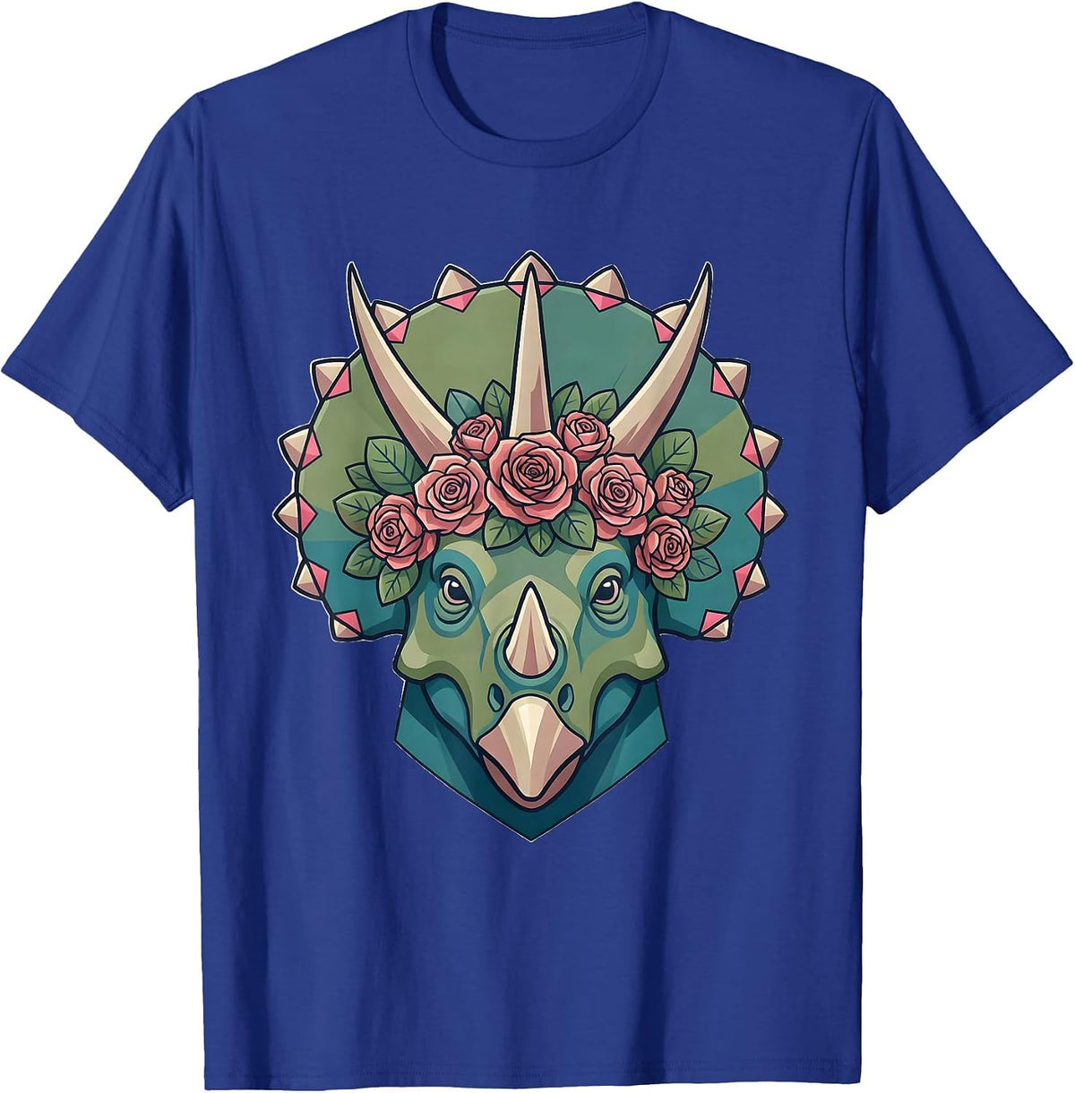 Triceratops Rose Crown Floral Dinosaur Portrait T-Shirt - Royal Blue
