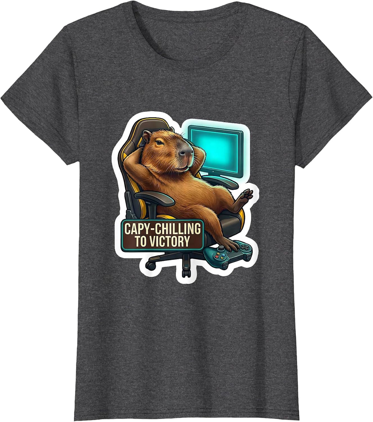 Women's Capy-Chilling To Victory Funny Capybara Gamer Humor T-Shirt - Dark Heather Grey