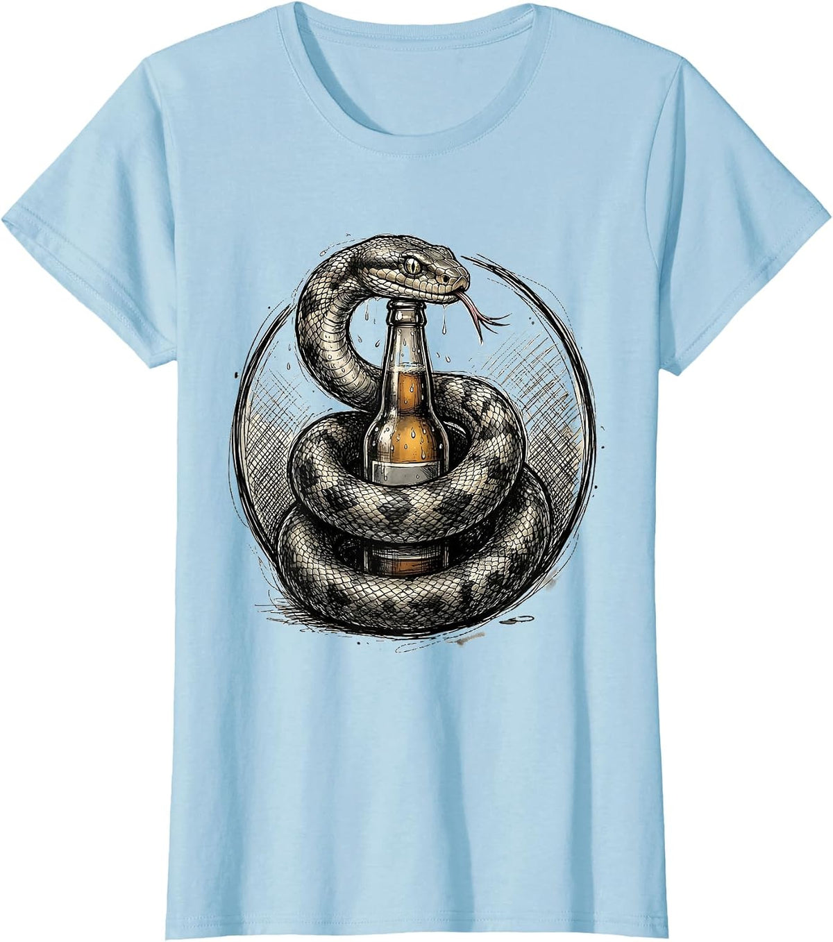 Snake Coiled Around Beer Bottle Graphic T-Shirt - Baby Blue