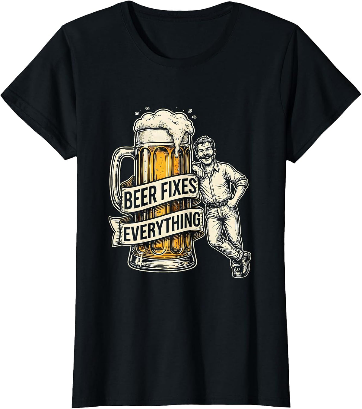 Women's Beer Fixes Everything Funny Drinking Design T-Shirt - Black