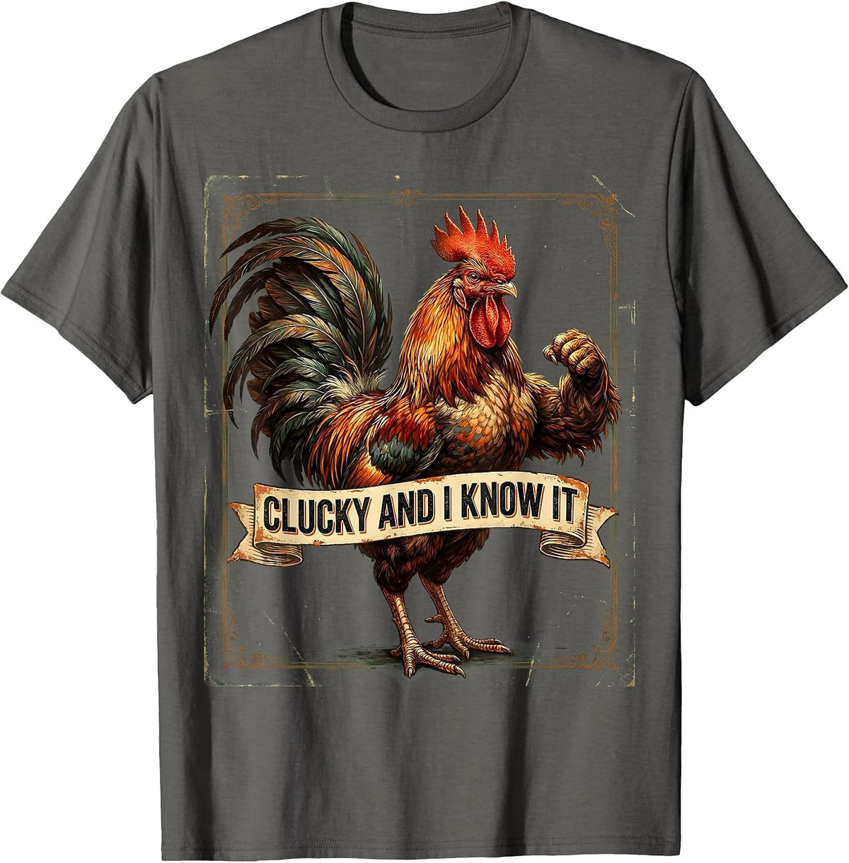 Clucky and I Know It Funny Chicken Design T-Shirt - Asphalt Grey