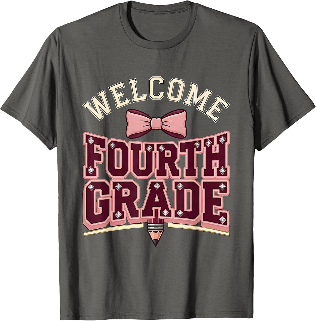 Welcome, Fourth Grade Sparkle Varsity Coquette Bow Back T-Shirt - Asphalt Grey