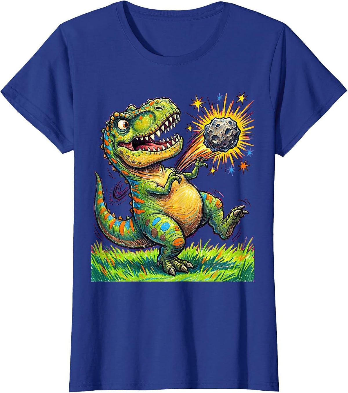 Women's T-Rex Throwing Meteor Funny Dinosaur Yeet T-Shirt - Royal Blue