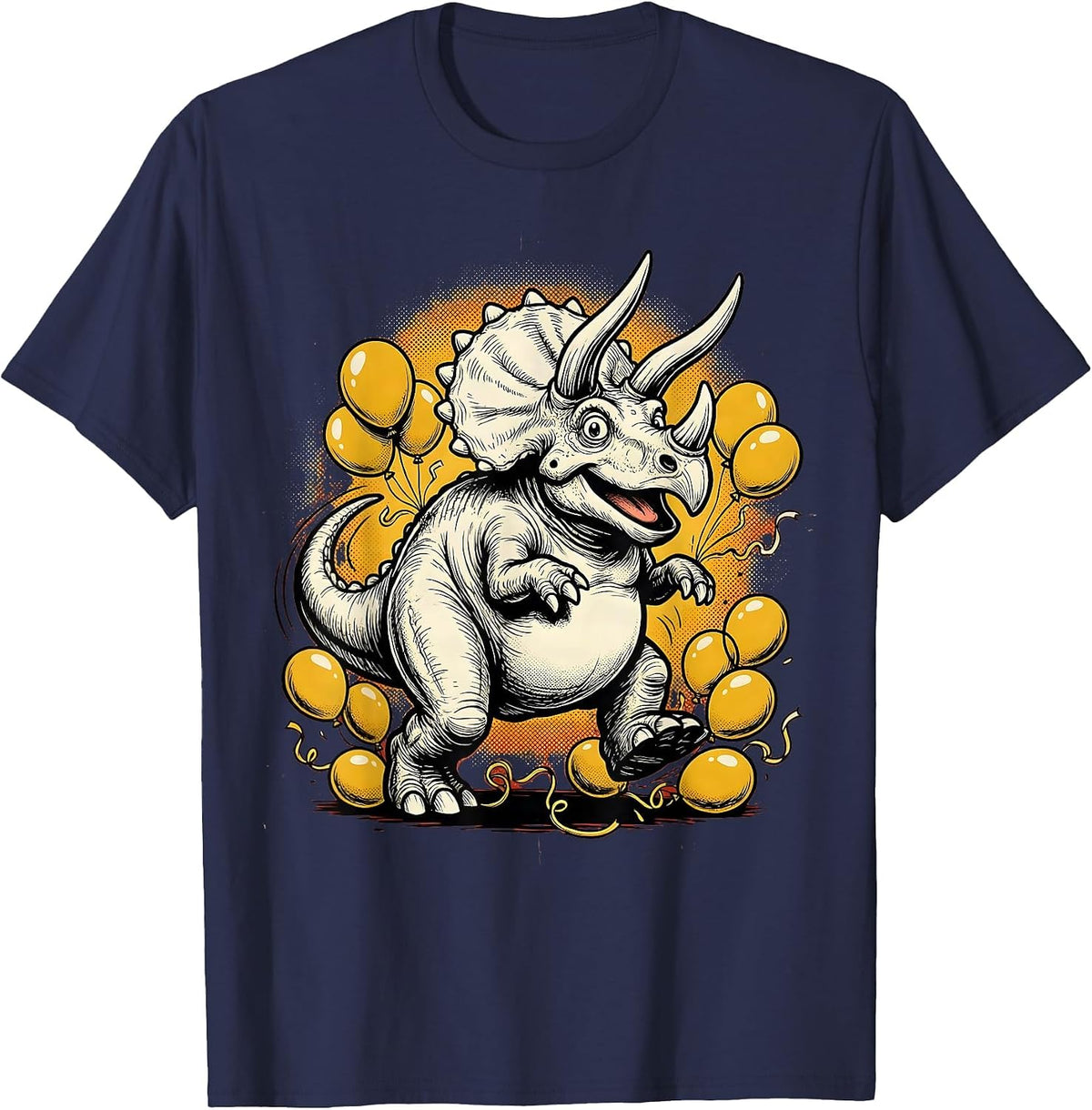 Triceratops Birthday Balloon Charge Dinosaur T-Shirt - Navy Blue
