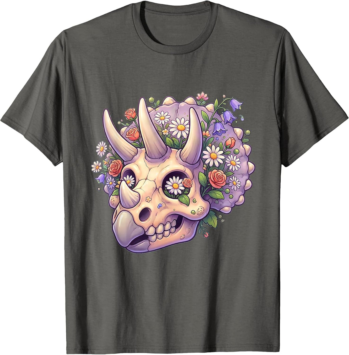 Triceratops Skull Wildflower Botanical Dinosaur T-Shirt - Asphalt Grey