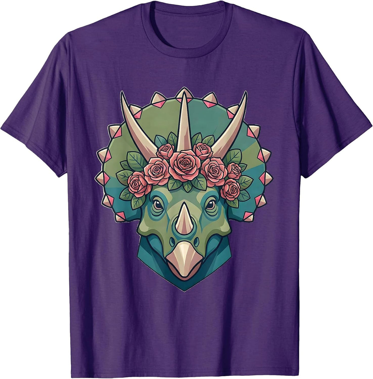 Triceratops Rose Crown Floral Dinosaur Portrait T-Shirt - Purple