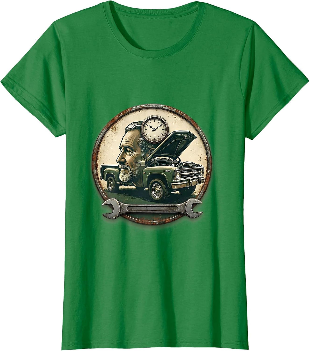 Women's Sealed Classic Car Badge Vintage Old Guy Mechanic Humor T-Shirt - Kelly Green