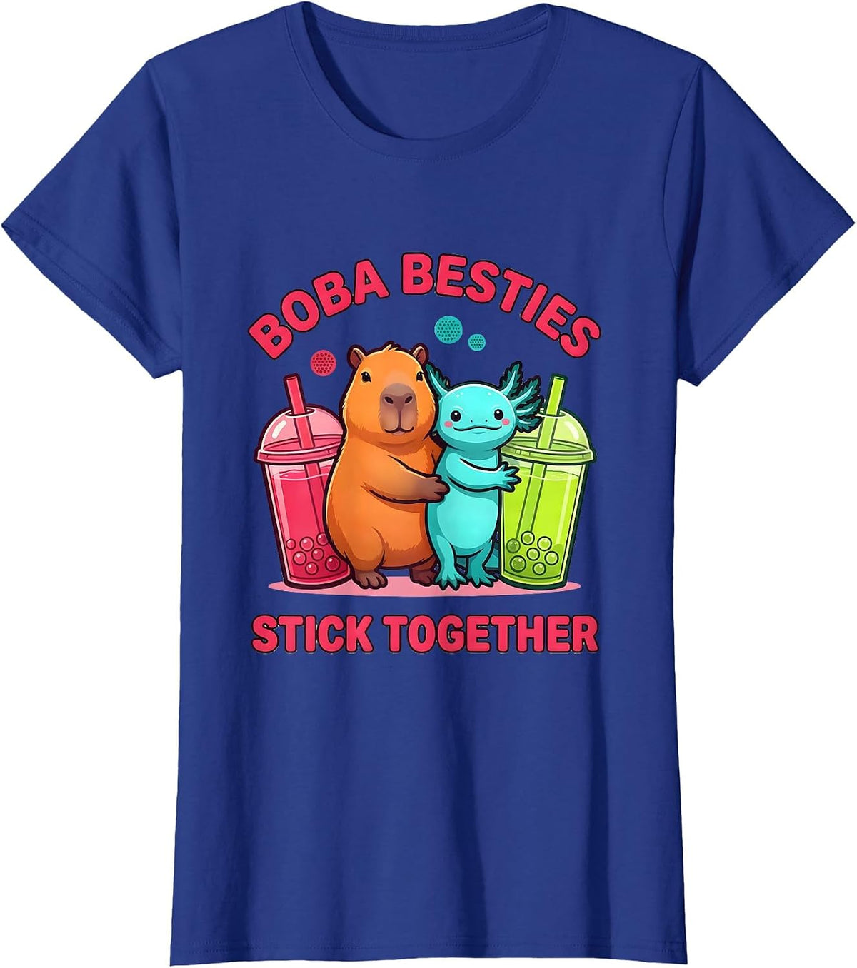Women's Boba Besties Stick Together Cute Capybara Axolotl Kawaii T-Shirt - Royal Blue