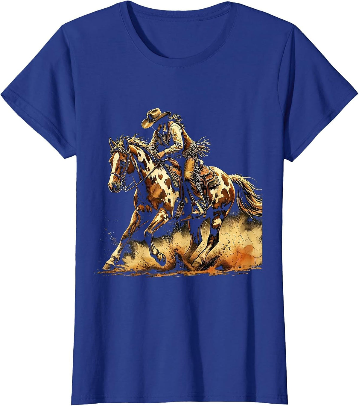 Women's Cowgirl Barrel Racing Painted Horse Illustration T-Shirt - Royal Blue